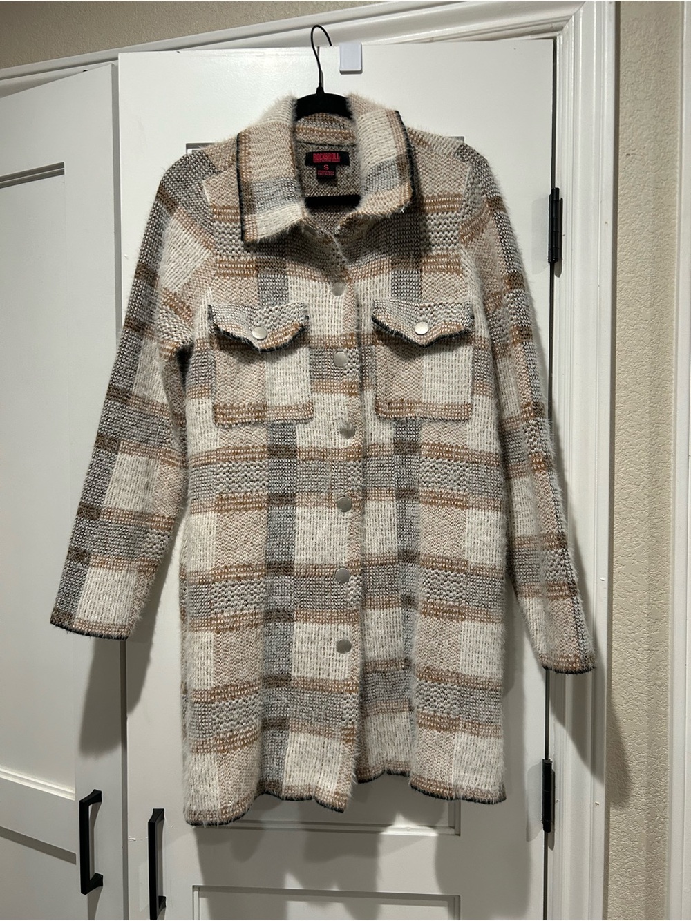 Rock&Roll Denim plaid Shacket Coatigan in Cream and Tan